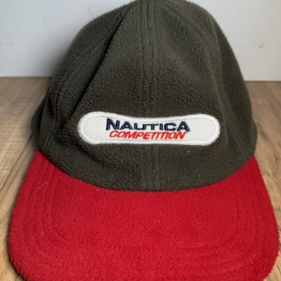 Vintage 90s Nautica Competition Mens Hat Cap Army Green Red Strapback Fleece - Picture 1 of 5